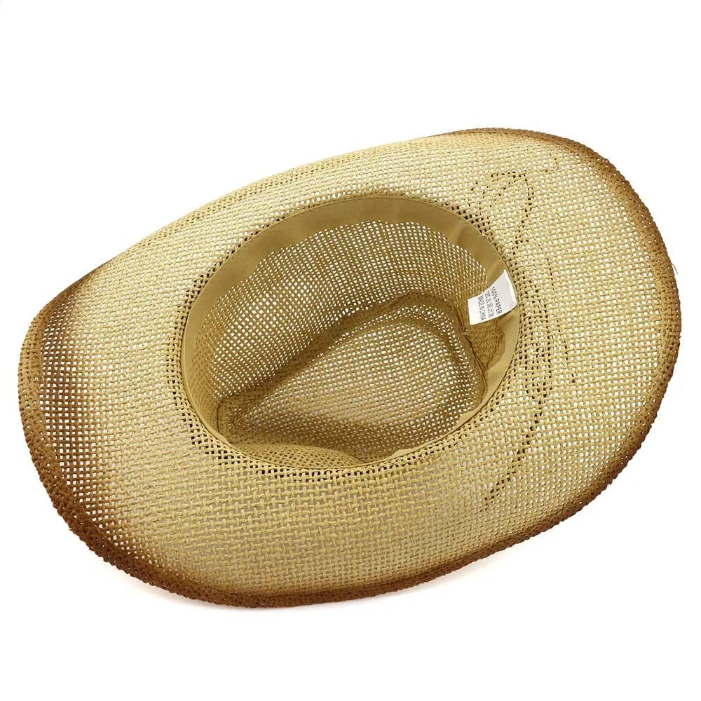 Western straw cowboy hat with spray paint decorative finish in bell crown shape