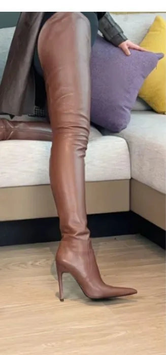 Women's over-the-knee stretch boots with stiletto heel, pointed toe, side zipper, dark brown synthetic PU upper