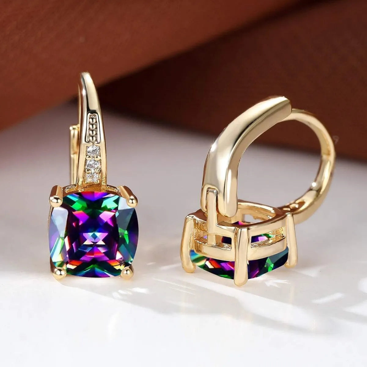 Square geometric ear clip earrings with colourful moissanite stone in gold and silver electroplated finishes