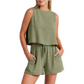 Women's summer two-piece set showing sleeveless top and drawstring shorts in rayon linen blend material