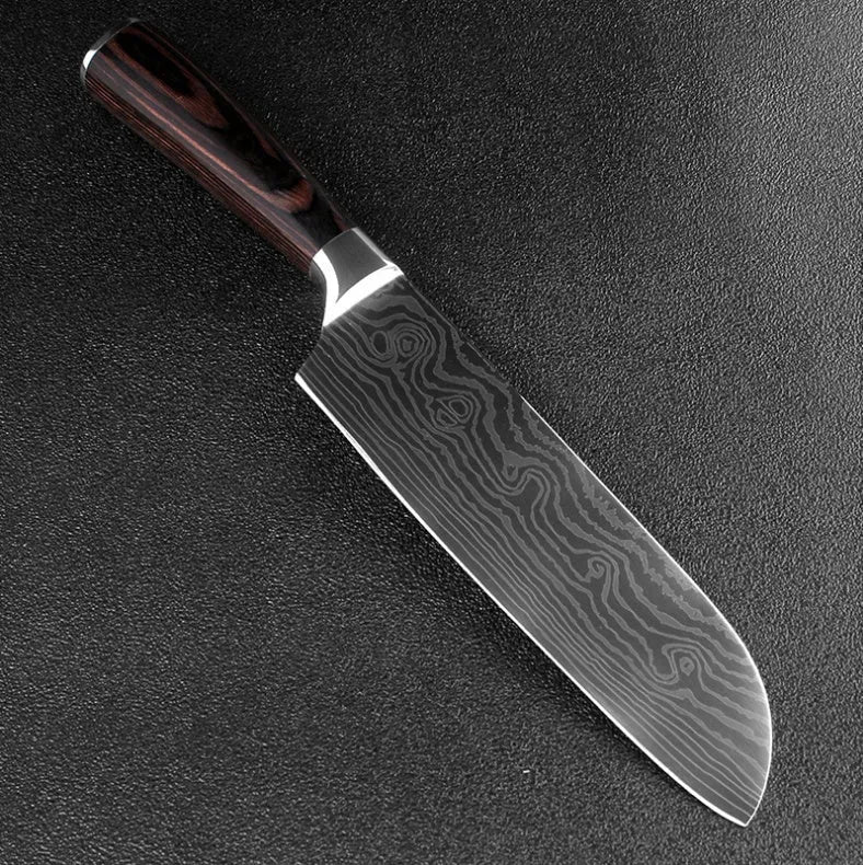 7Cr17 stainless steel kitchen knife with laser Damascus pattern on blade and colour steel handle.