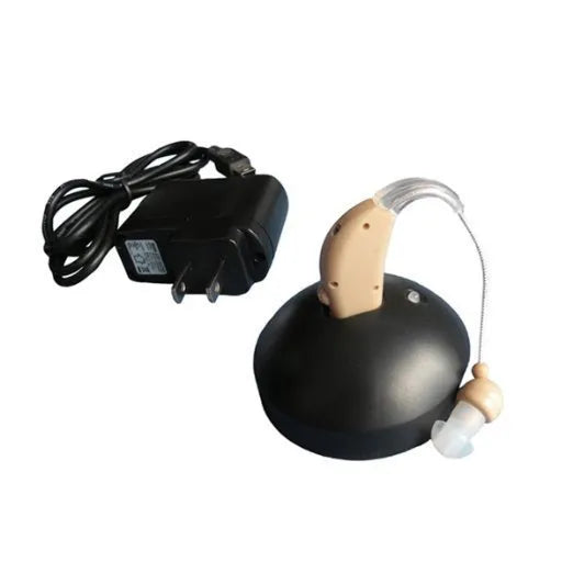 Mini digital behind-the-ear rechargeable hearing aid amplifier with UK and US plug options.