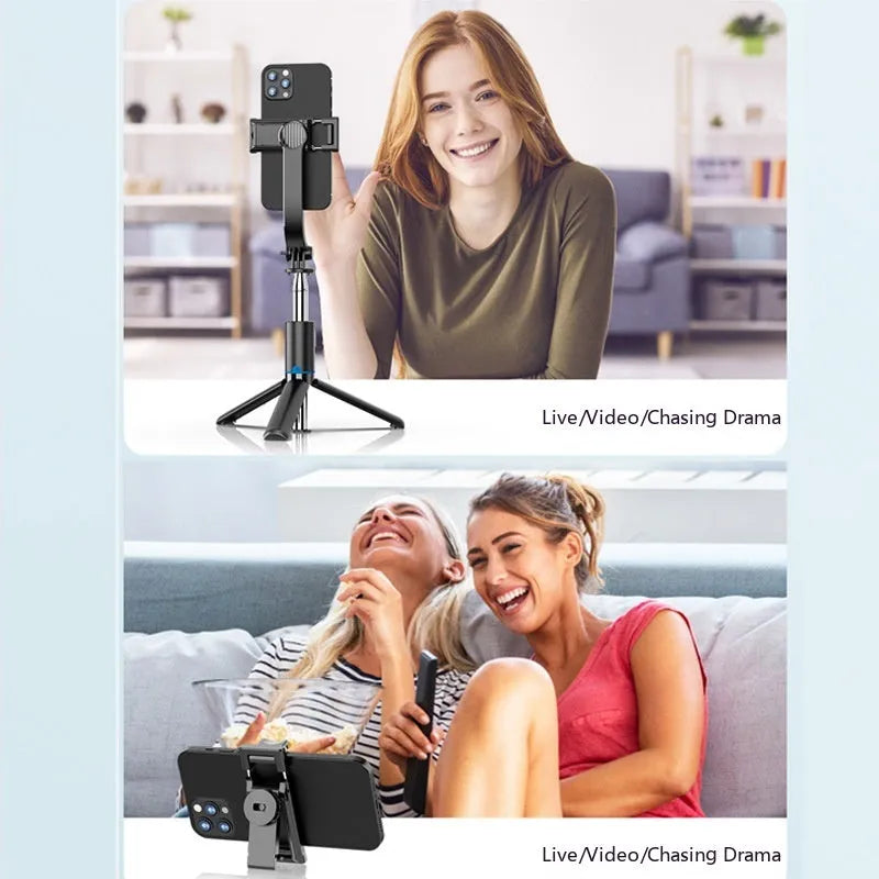 Black detachable desktop stand Bluetooth selfie stick extended to 1060mm with phone in holder