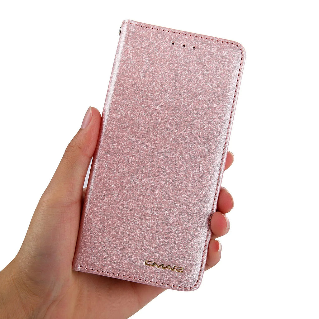 Apple iPhone flip wallet case in PU leather with card slot, shown in multiple colours.