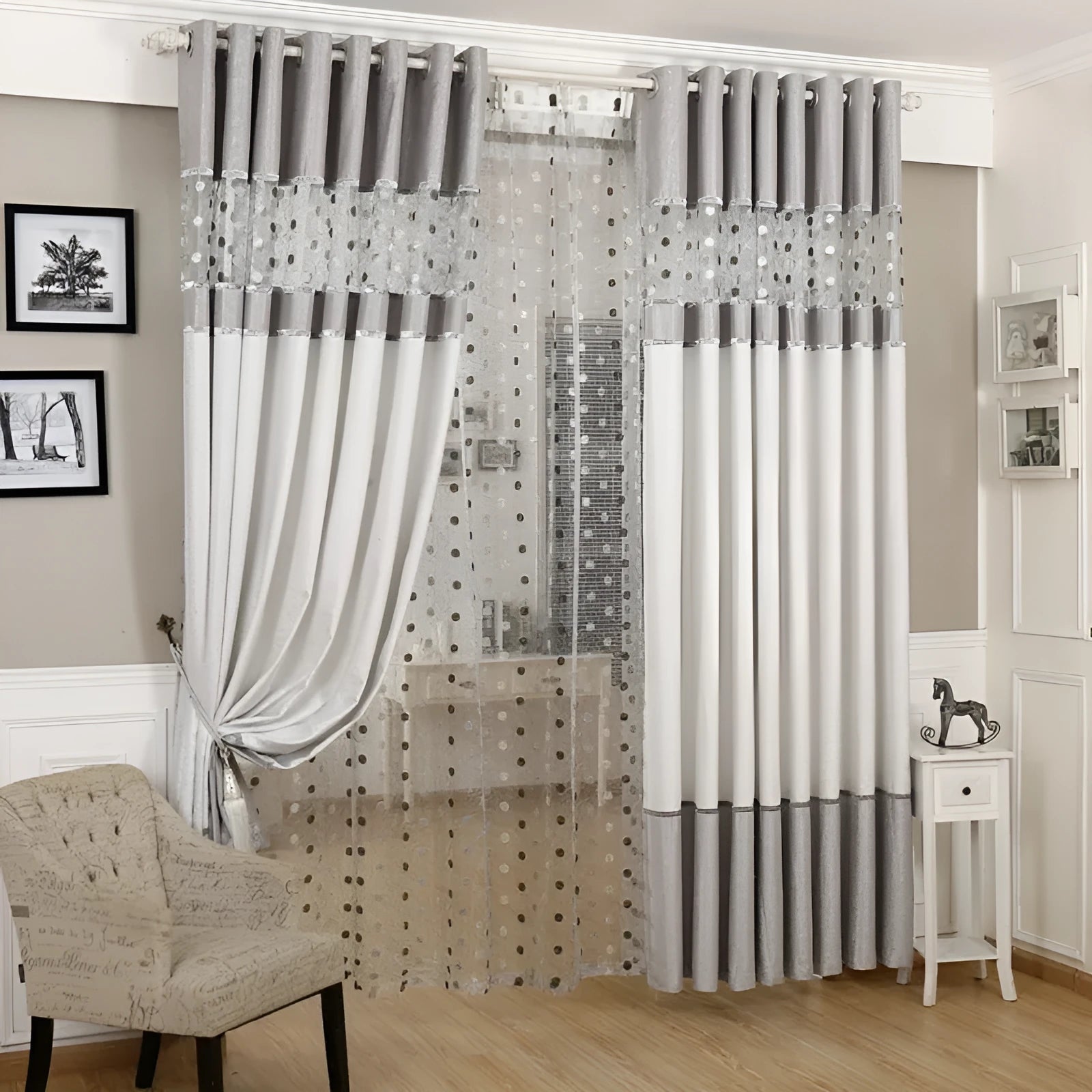 Blackout curtain panel showing hook, Korean hook and rings hanging options