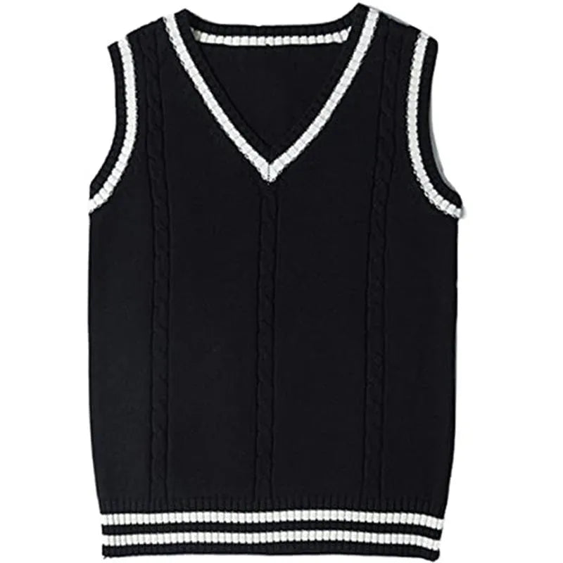 Women's slim fit V-neck acrylic waistcoat sweater with striped stitching in multiple colours.
