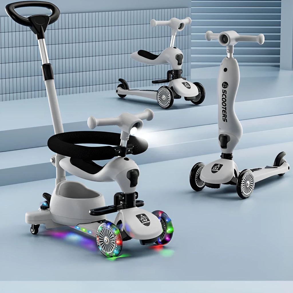 Kids 3-in-1 scooter with aluminium frame, available in five colours with push rod or fence options