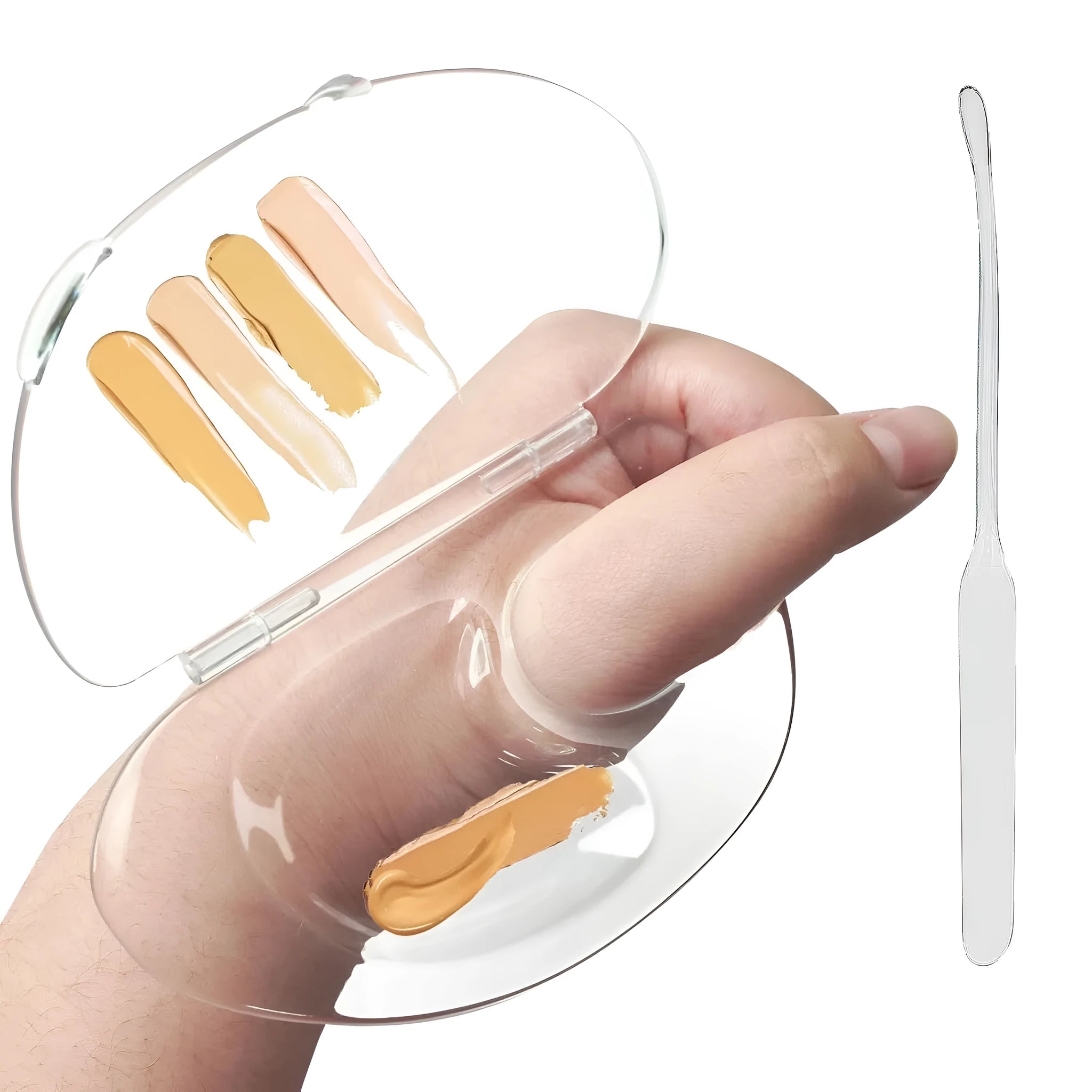 Transparent acrylic makeup mixing palette with colour test areas and storage grooves