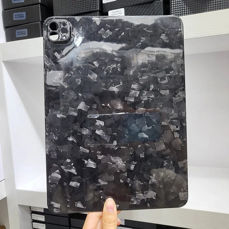 Carbon fibre flat hard protective cover for Apple iPad Pro 11 showing embossed plaid pattern.