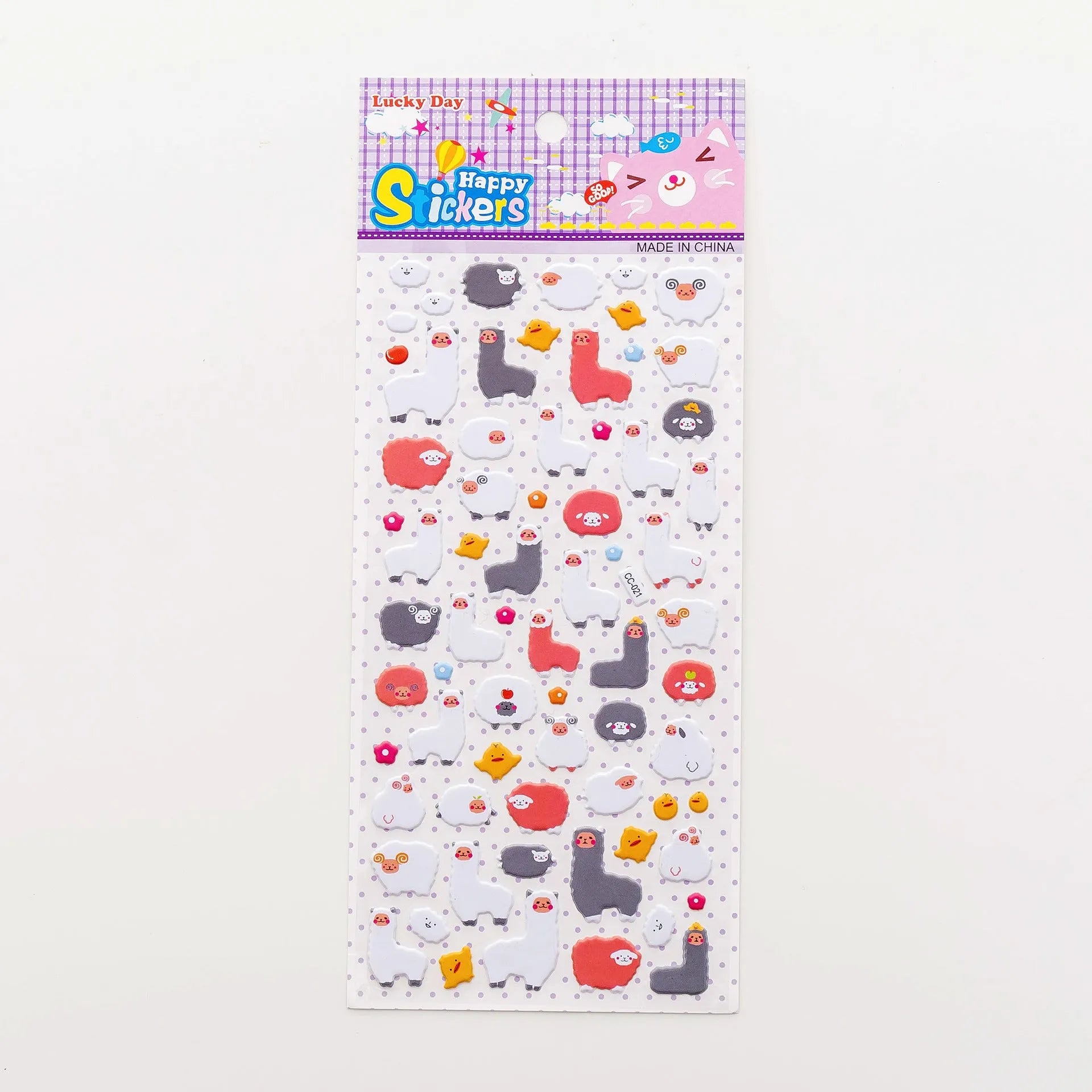 Pack of colourful 3D bubble stickers showing raised cartoon designs of an alpaca, cat, dinosaur, and sweetheart motifs.