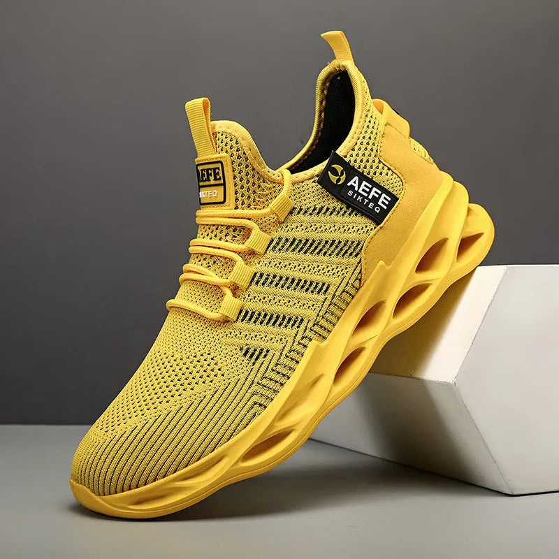 Men's black mesh casual running shoes with cross-strap design and low-top profile