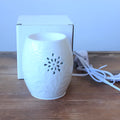 White porcelain ceramic aroma lamp with glazed pavilion pattern, incense burner and hanging ornament in EU and UK sizes.