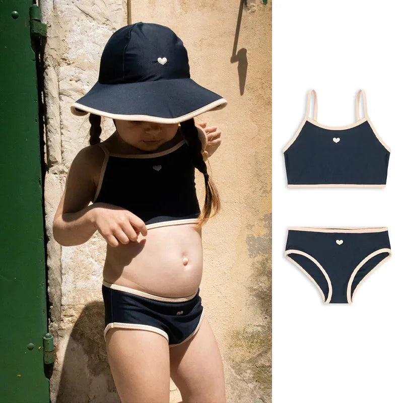 Dark blue split baby girls' swim briefs with high elasticity pattern for swimming ages 1-6 years