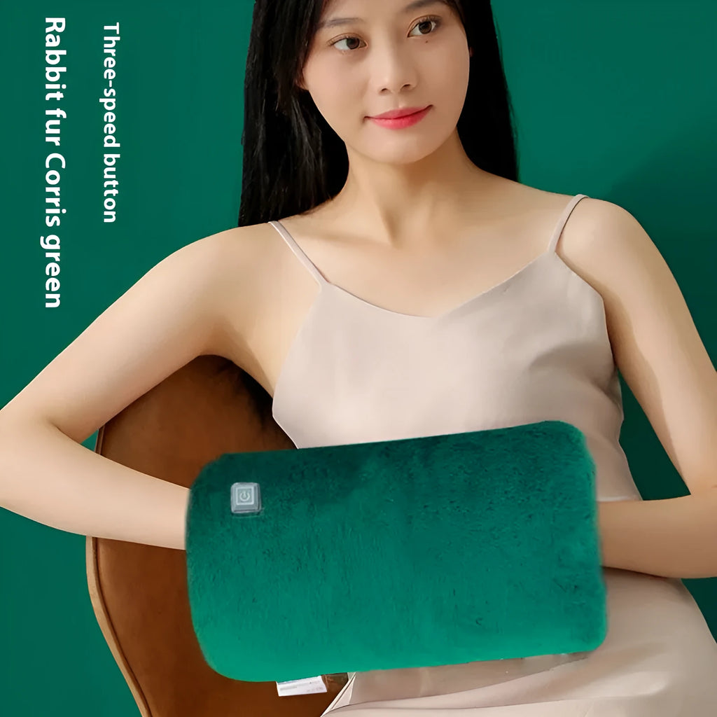 USB hand warmer with rabbit fur cover, three gear button, available in dark green, gray, and pink