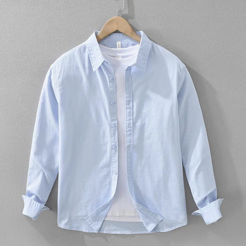 Men's Japanese cotton linen long sleeve loose cardigan blouse in light green
