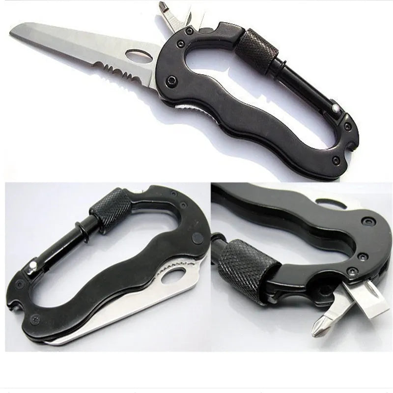 Black multifunctional carabiner folding tool with 420J2 blade, saw and screwdrivers on dark background