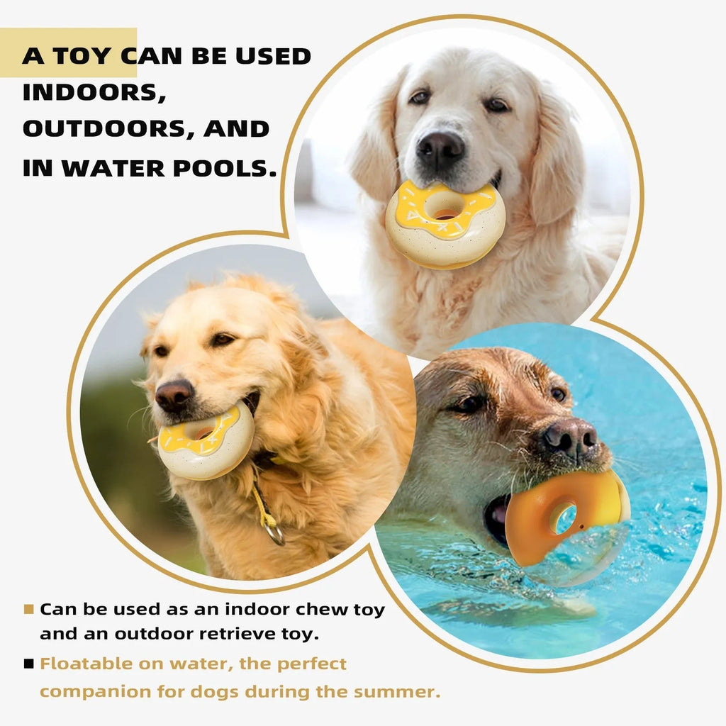 TPR donut-shaped dog chew toy in chocolate brown, pink, and yellow colours showing 118mm diameter