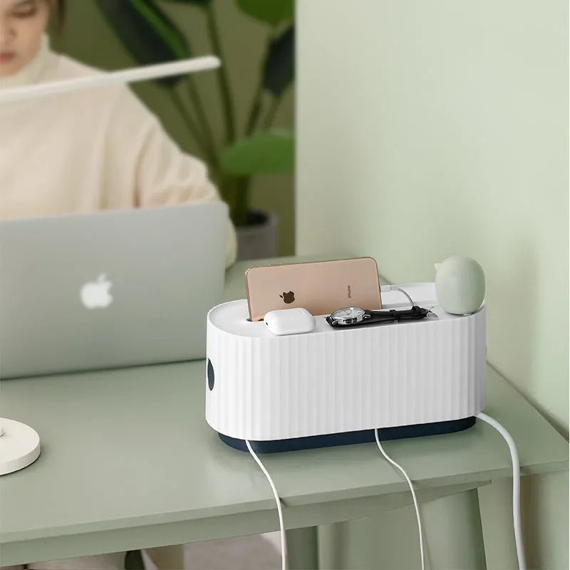 Blue and white HIPS power strip storage box with cable holes and phone slot