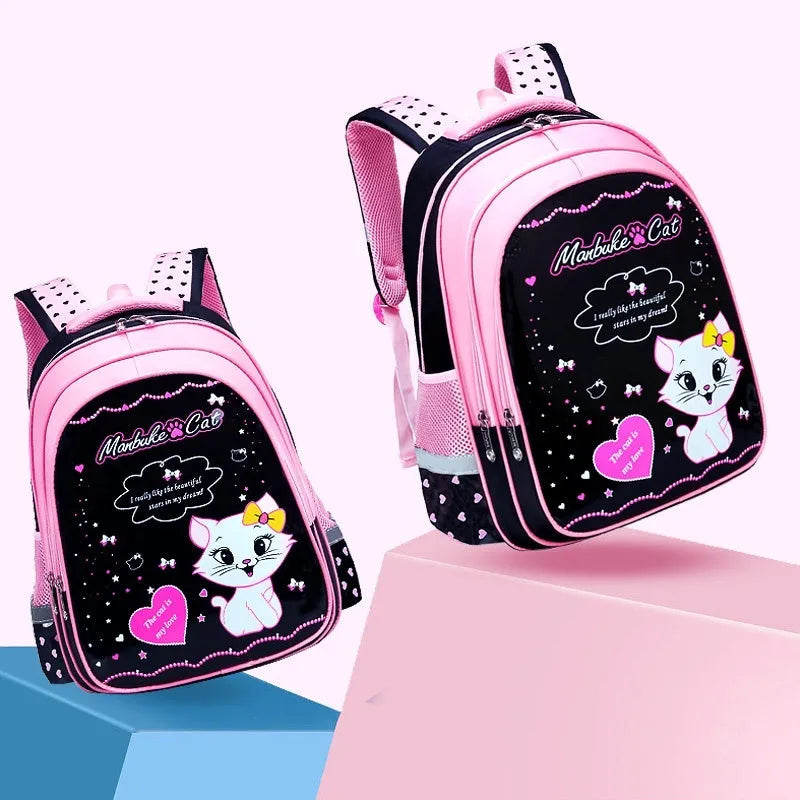Blue kids school backpack with cute cat print showing front zipper compartment and shoulder straps