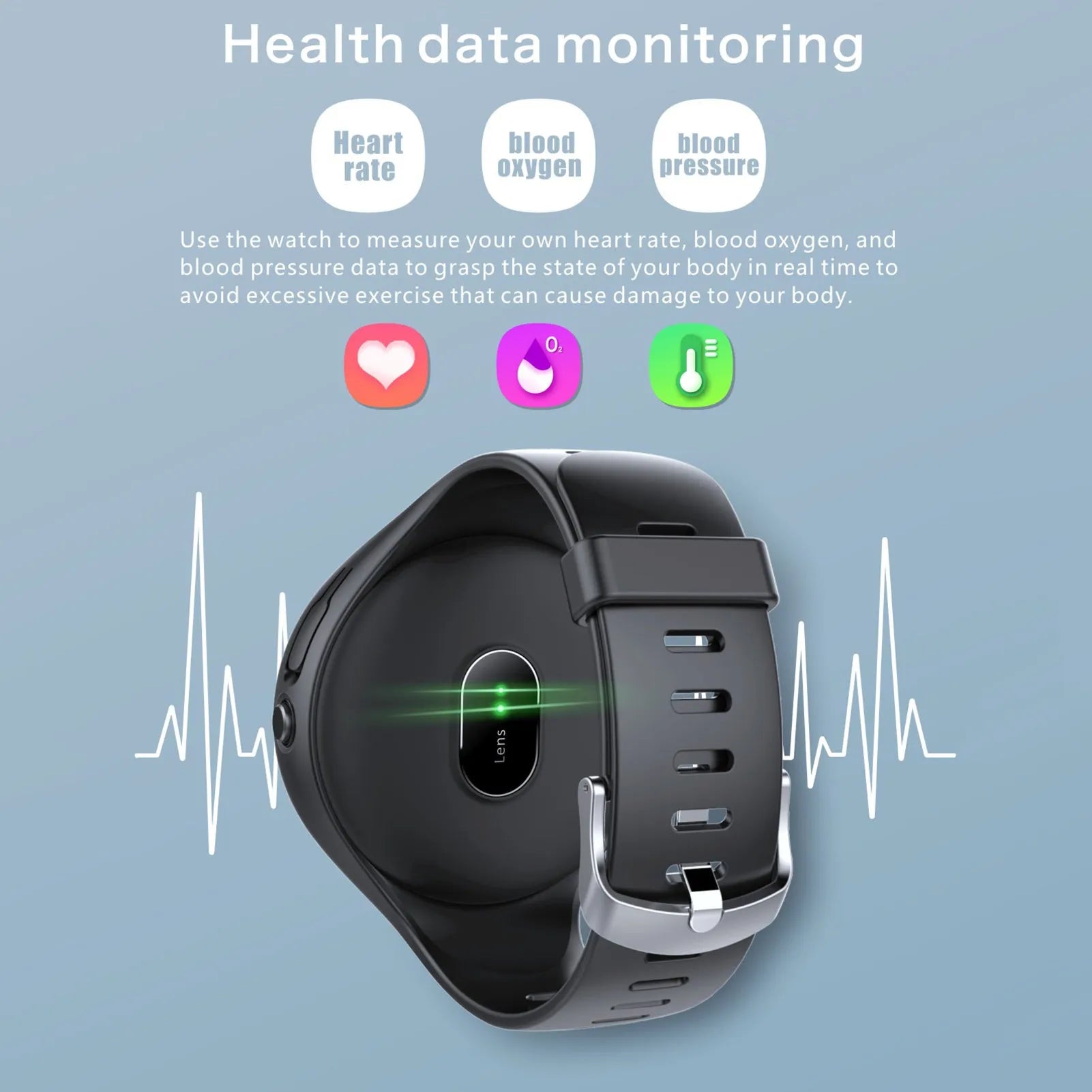 Black smart bracelet with detachable wireless earphones showing colour screen display