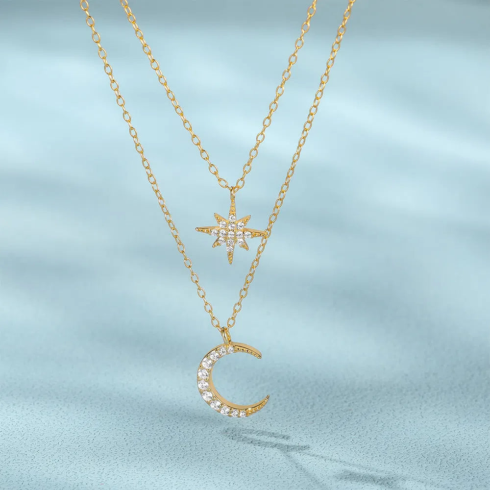 Women's S925 sterling silver double layer necklace with star and moon diamond pendant, gold finish