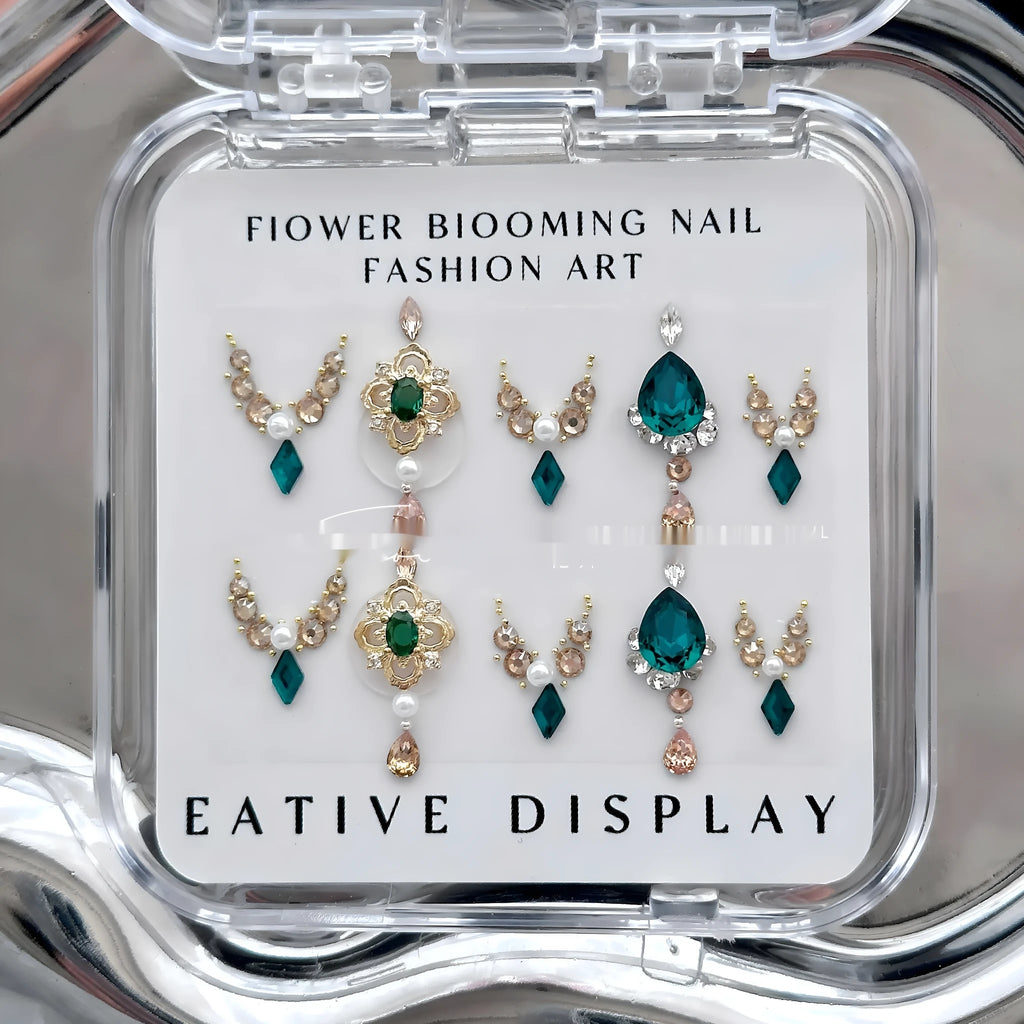 Emerald jade manicure ornament material package with diamond jewellery set for nail art decoration