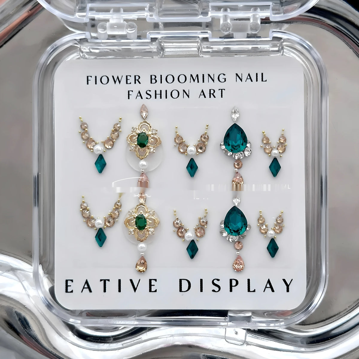 Emerald jade manicure ornament material package with diamond jewellery set for nail art decoration