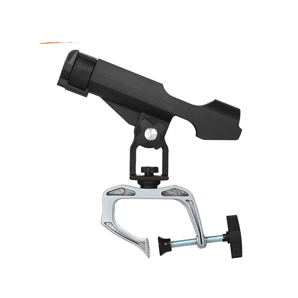 Black nylon plastic fishing rod holder with aluminium G clamp, 360 degree rotation and locking function