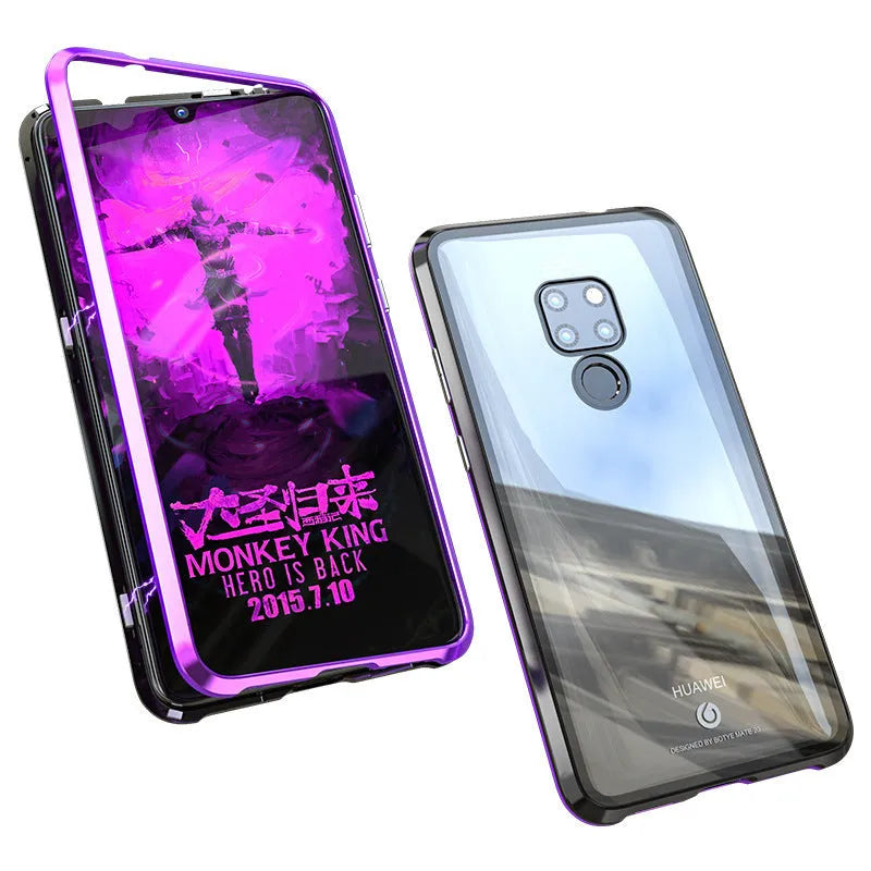 Black magnetic phone case for Huawei with metal frame and clear tempered glass back.