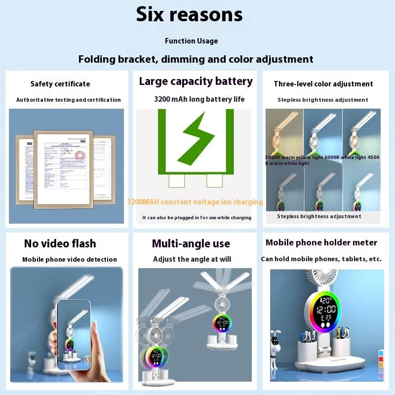 LED student desk lamp with double-headed light, clock and fan options, USB powered, modern simplicity style