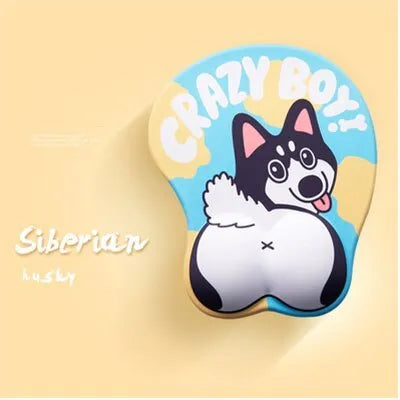 Blue corgi design 3D ergonomic mouse pad with raised wrist support cushion on a desktop.