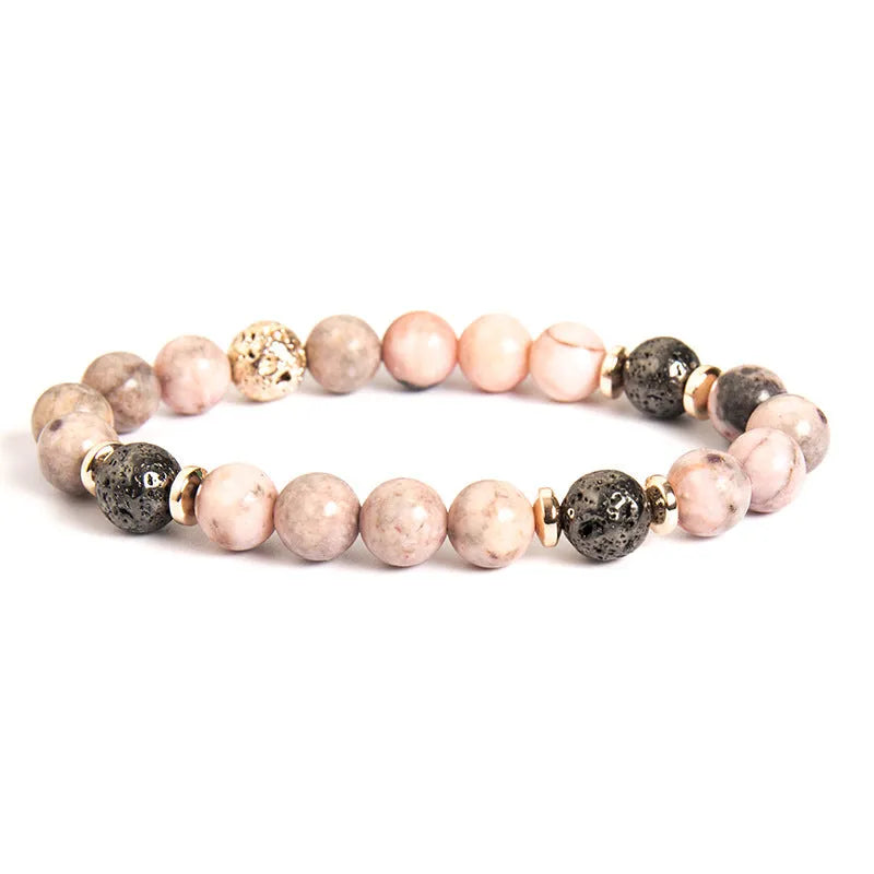 Pink zebra natural stone beaded bracelet with haematite spacers and round geometric beads