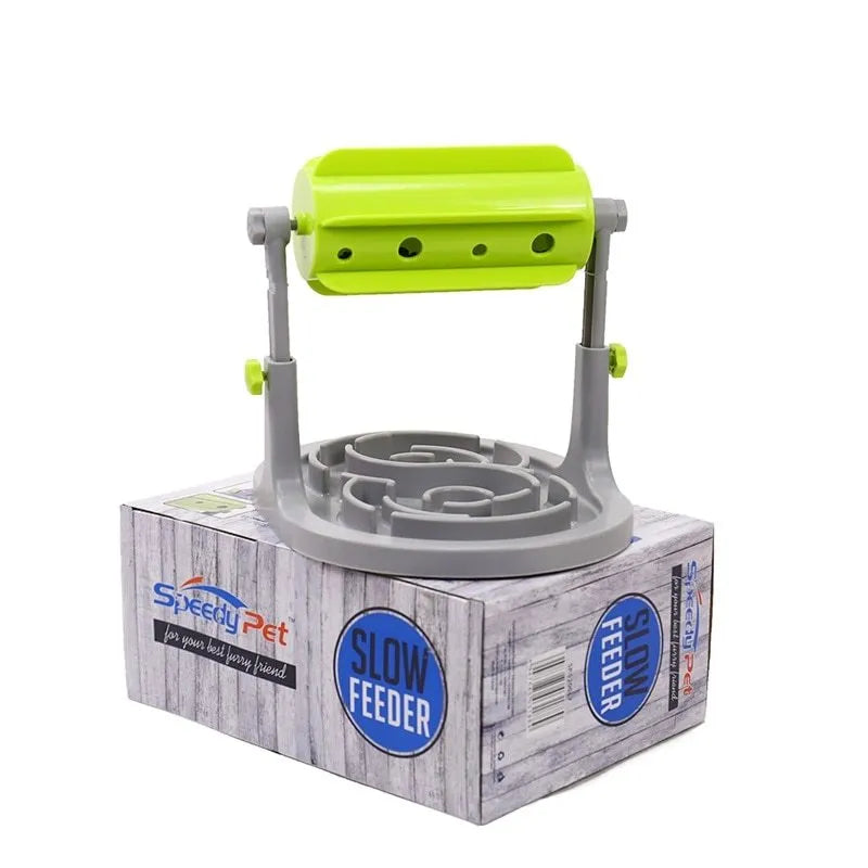 Rotatable slow feeder dog bowl in ABS plastic, 32x25x27cm, available in blue, green and pink, interactive puzzle toy