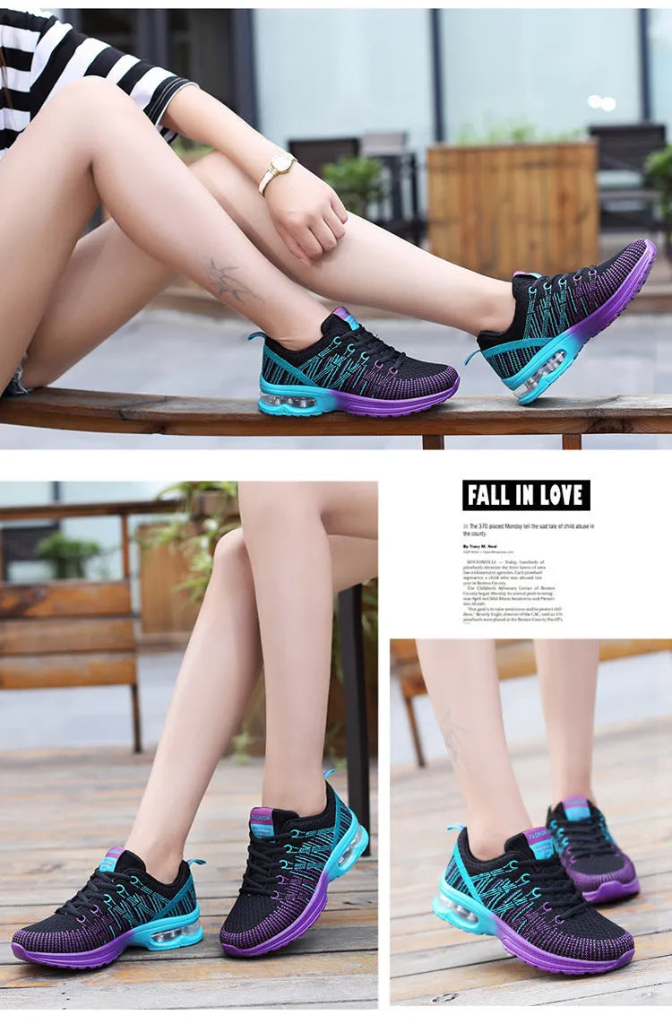 Women's casual lace-up sneakers in black with low heel and mesh lining