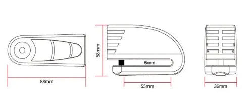 Alloy alarm disc brake lock with 6mm bolt, 55mm slot, Black or Silver, 130dB alarm, three keys