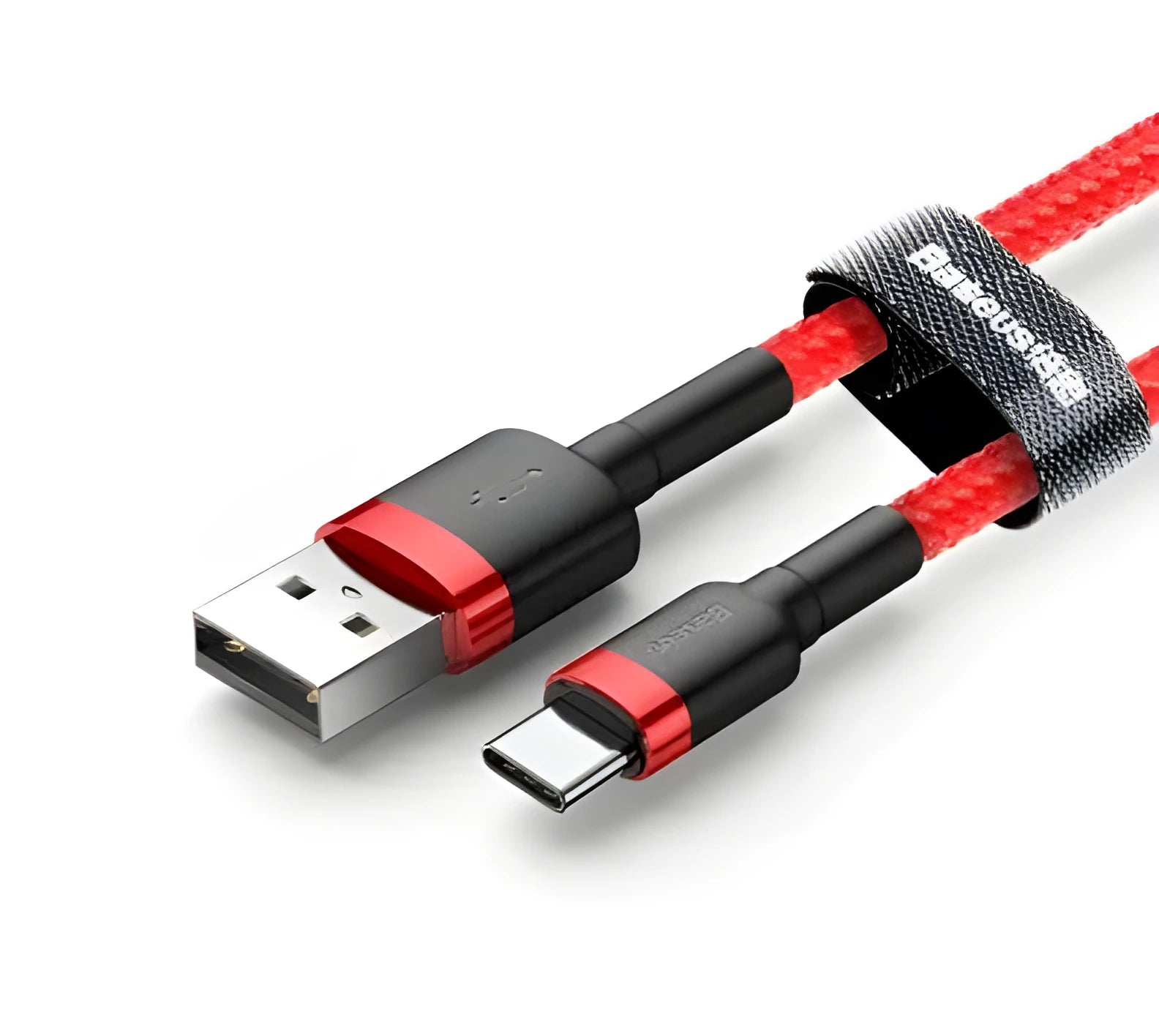 Grey and black woven nylon Android micro USB charging cable shown coiled with connector visible