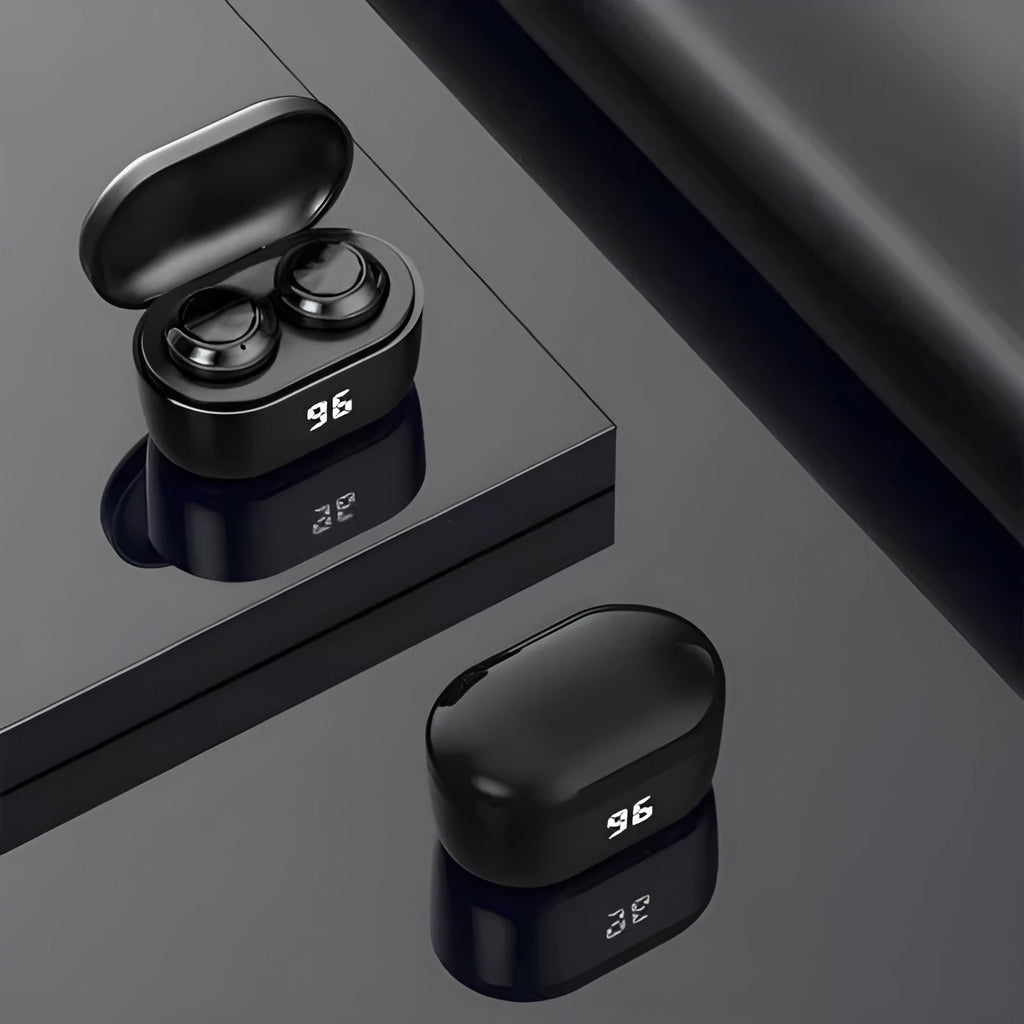 Black in-ear stereo Bluetooth headset with NFC touchpoint for instant pairing.