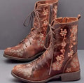 Ladies mid-heel embroidered low boots with vintage flower design, PU waterproof upper, side zipper, low square heel