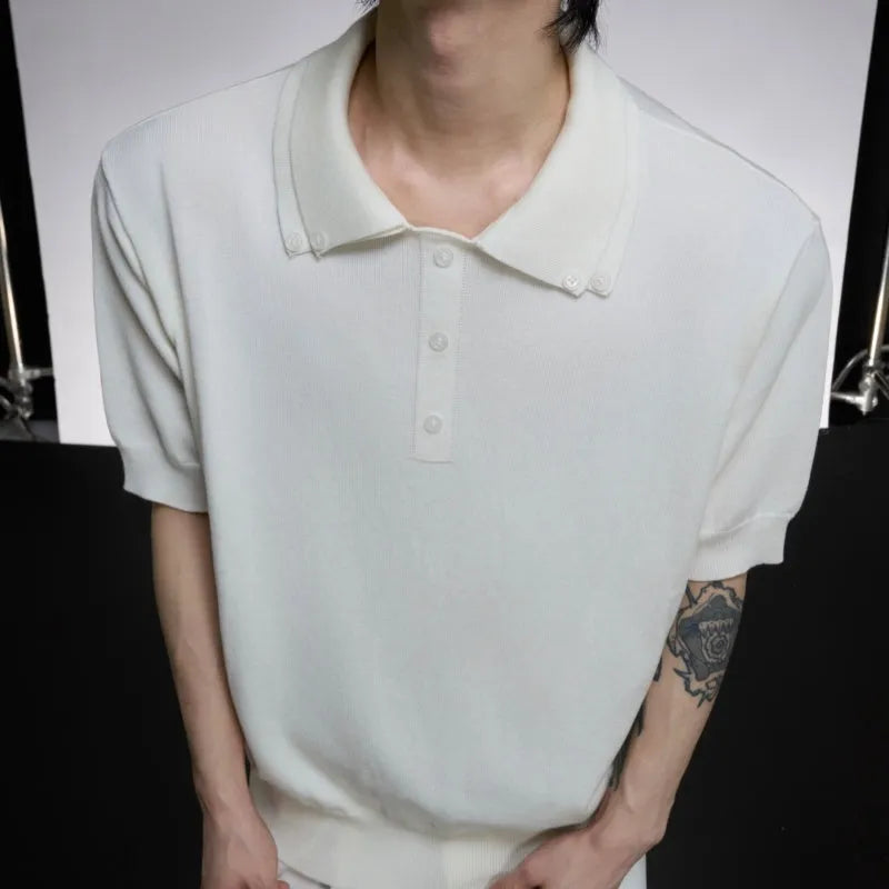 Men's black lapel collar short sleeve slim knit shirt on hanger