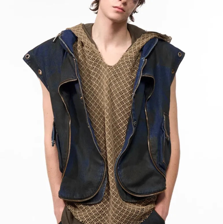 Blue hooded denim vest with front zipper and matching trousers, Korean style deconstructed design