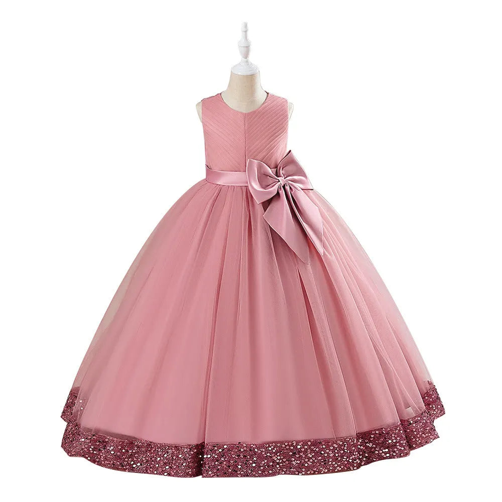 New Sequins Children's Mesh Dress in cotton blend, available in avocado green, bean pink, dark green, purplish red, and white, for girls 120-170cm height