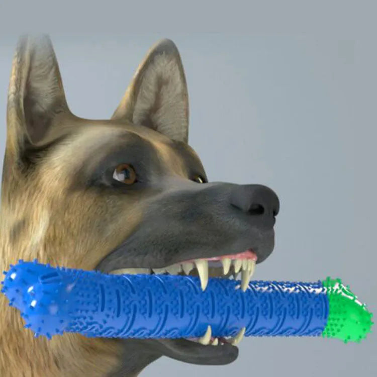 Blue green dog dental chew toy with silicone brush bristles and massage nodules, shown next to a tube of toothpaste.