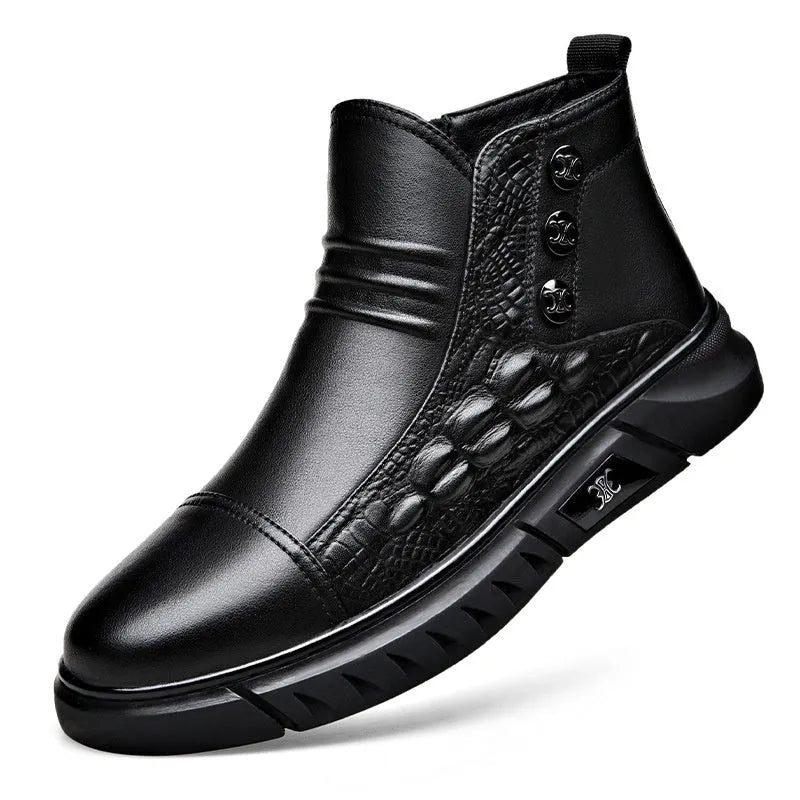 Men's black genuine leather worker boots with warm lining, non-slip round toe, sizes 38-44