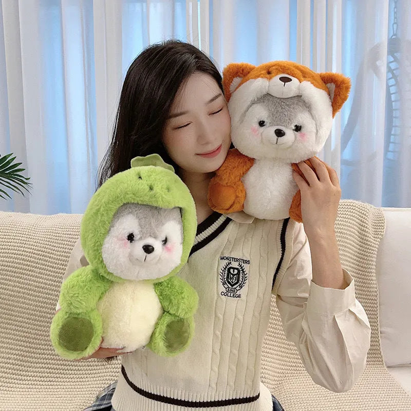 20cm shapeshift husky plush doll in four animal styles including dinosaur, fox, koala, and pink pig