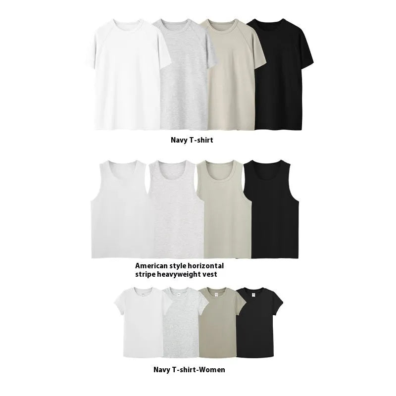 Slim fit stretch t-shirt in vest and short sleeve styles, shown in beige and active black colours.