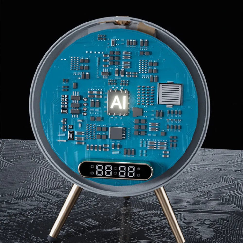 Multi-function LED mirror alarm clock with wireless charger and Bluetooth speaker in white colour on wooden desk