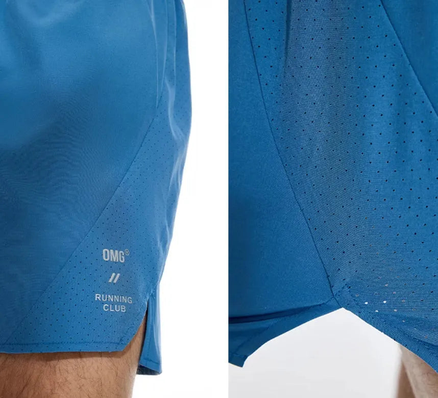 Men's black running shorts with four-point laser stitching detail on stretch fabric.