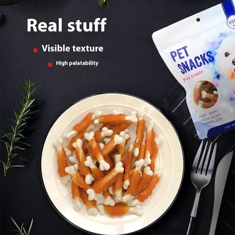 400g bag of Betty Chicken Wrapped Calcium Bone dog treats showing wrapped bone construction