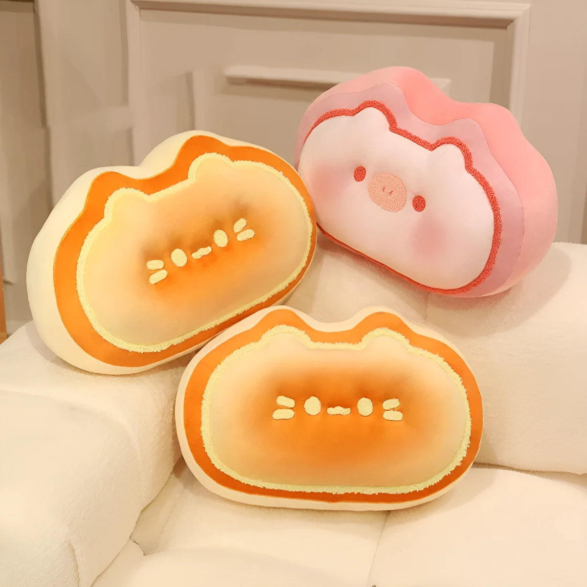 Cheese shaped plush pillow with cute kitten design in caramel colour, 40cm size