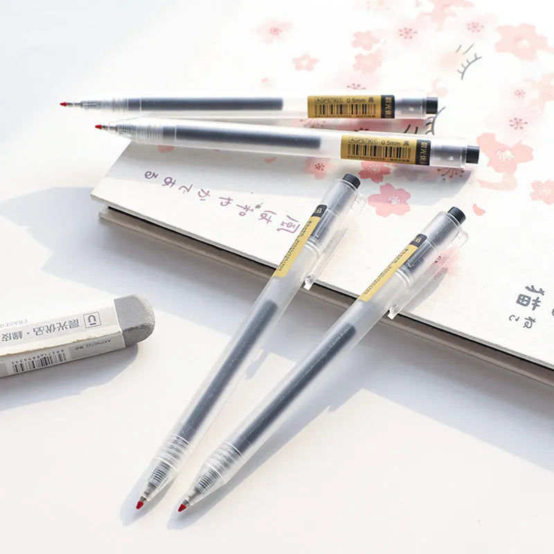 12 black retractable gel pens with frosted barrels and 0.5mm tips displayed with two spare refills